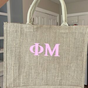 Phi Mu burlap bag